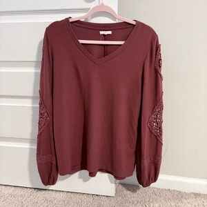 Maurices Long Sleeve V-Neck Top with Crochet Sleeve Panels - Plum